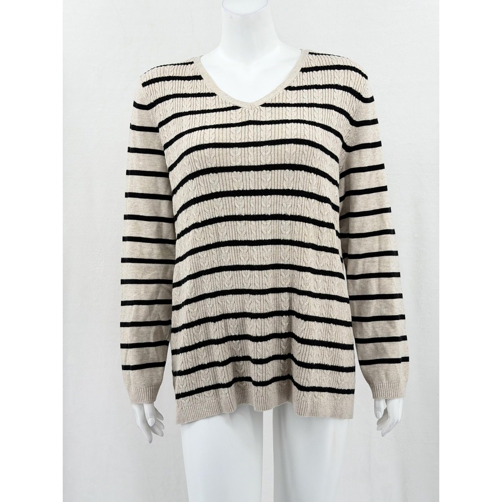 Talbots Sweater Women 2X Beige Black Stripe V-Neck Cotton Cable Knit Office Work